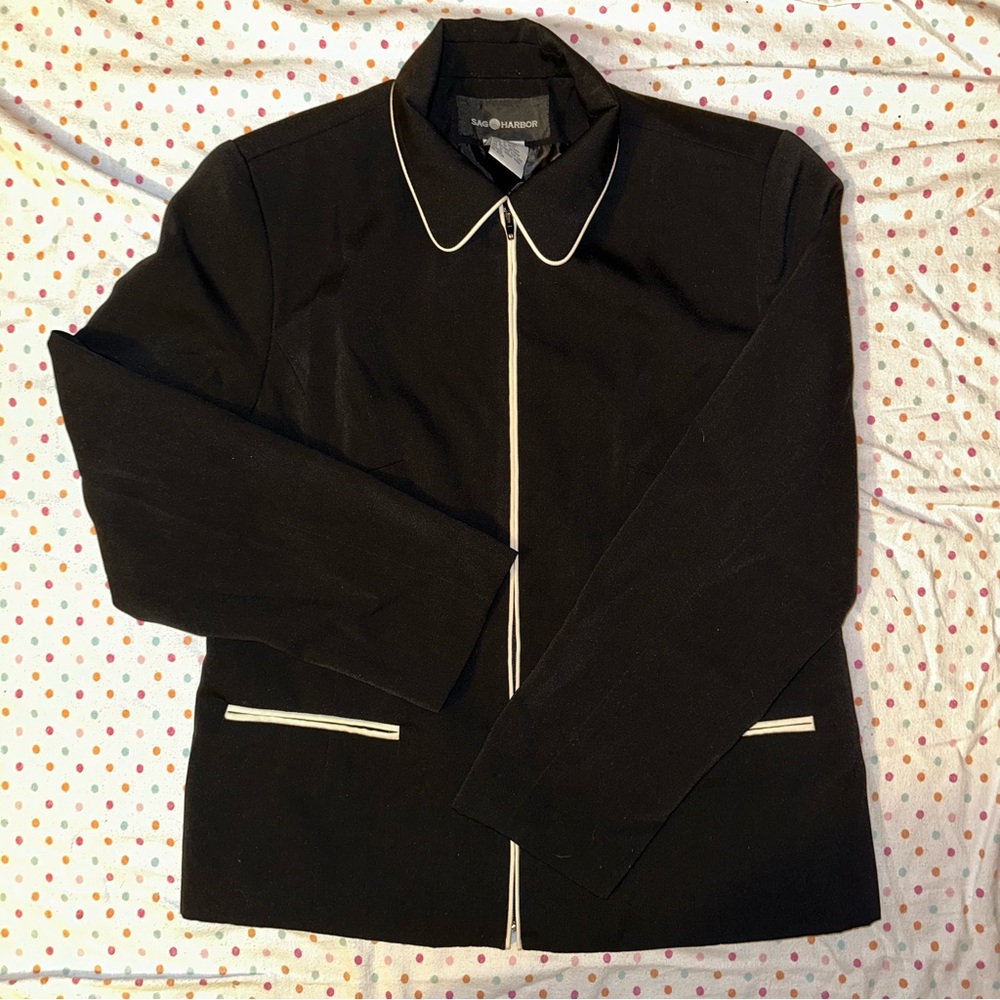 Sag Harbor Black & White Trim Blazer Jacket - Size 14 Shoulder Pads